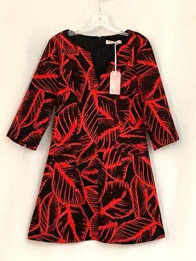 Traffic People Red Leaf-Print 3/4 Sleeve A-Line Dress